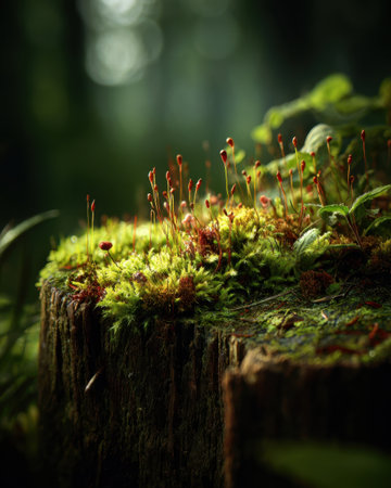 Green moss covers the surface of a tree stump with small red plants emerging. The background shows a blurred forest with soft light filtering through the trees.の素材