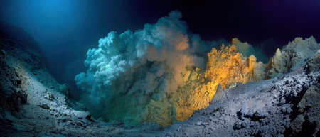 A volcanic eruption occurs underwater, sending clouds of gas and ash into the ocean. The scene shows a mixture of colors from the eruption and the ocean floor.の素材
