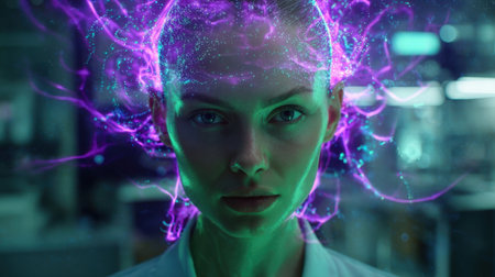 Woman with holographic effects in a high-tech lab settingの素材