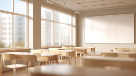 Sunlight filters through large windows in a classroom. Several wooden desks are arranged in neat rows, allowing for a spacious learning environment. A blank board is on the wall.の素材