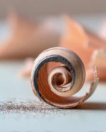 A spiral wood shaving rests on a surface with some dust nearby. Other pieces of wood shavings can be seen in the background. The scene shows details of woodworking.の素材