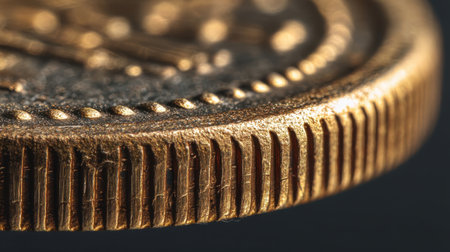 A close view shows the edge of a shiny coin with text and small grooves. The light reflects off the surface, highlighting its patterns and designs. The background is dark.の素材