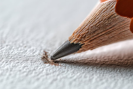 A pencil tip presses lightly against paper, leaving a faint mark. The focus is on the wooden body of the pencil and the texture of the paper beneath it.の素材