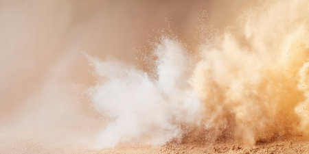 A dust cloud forms as activities happen on dry land. The scene shows the swirling dust in the air, creating a visual spectacle of movement and natural elements at play.の素材