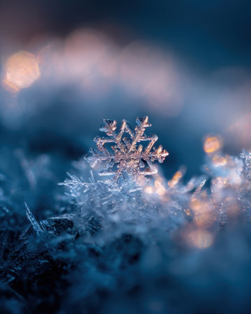 A detailed snowflake rests on cold ground. Soft light shines behind it, highlighting its unique shape during a winter morning. The colors create a cool atmosphere.の素材
