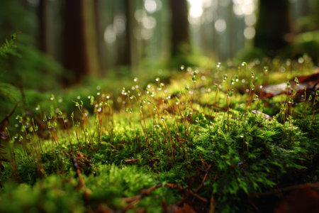 Dew drops cling to green moss in a forest. Sunlight filters through trees, creating a soft glow over the moss. The scene shows a close view of nature in the early morning.の素材