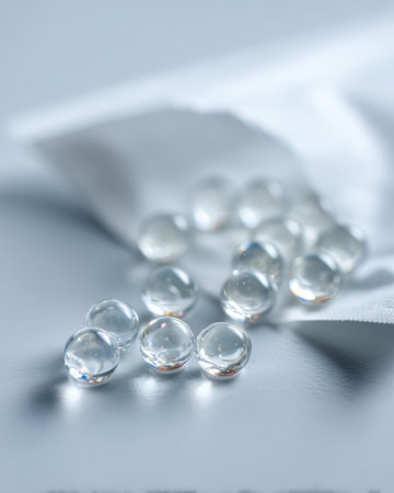Clear glass beads are spread out on a soft surface. The light creates reflections on the beads. The setting is simple and focuses on the glass objects.の素材