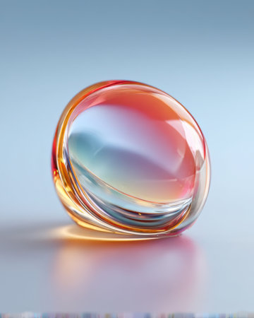 A glass orb with a gradient of colors sits on a flat surface. The light reflects off its surface, creating unique shapes and shadows. The background is soft and plain.の素材