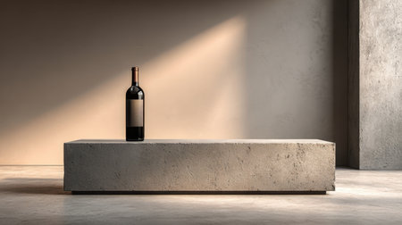A wine bottle stands on a concrete table in a minimal space. Soft light falls on the scene, highlighting the bottle and table. The background is simple and neutral.の素材
