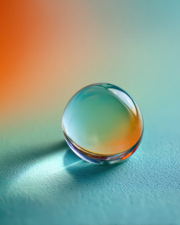 A glass sphere sits on a flat surface, reflecting light and colors. The background shows a smooth gradient with orange and teal hues. The scene is well lit and focused.の素材