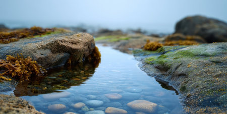 Water collects in a rocky tide pool surrounded by seaweed. Small pebbles are visible at the bottom. The scene is set by the ocean during low tide on a foggy day.の素材