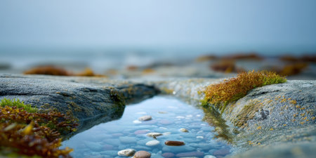 A small water pool sits between rocks on a beach. Seaweed grows on the rocks, while colorful pebbles rest on the sandy bottom. The background shows a cloudy sky above the sea.の素材