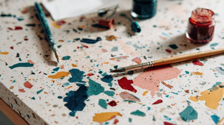 A workspace is filled with paint pots, a brush, and colorful materials scattered on a speckled surface. Tools and supplies reflect the activity of creating art.の素材