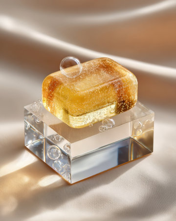 A clear block holds a rectangular soap that has bubbles around it. Light shines on the soap and creates a warm glow with a soft background. It looks clean and simple.の素材