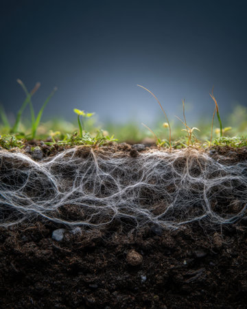 Roots and mycelium intertwine just beneath the grass. The soil is dark and rich, showing life below the surface. Small grass blades peek through the ground in this natural scene.の素材