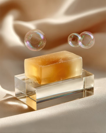 A clear stand holds a bar of soap while bubbles float above it. The setup is placed on smooth fabric, creating a balanced and simple display of everyday items.の素材