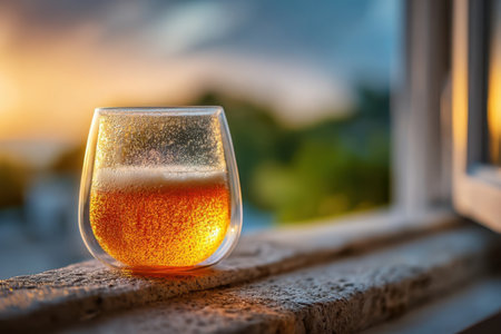 A glass filled with a cold drink sits on a window sill. The sun sets in the background, creating a colorful sky. Green trees can be seen outside in the fading light.の素材