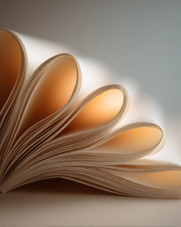A book sits open on a surface, its pages are fanned out, revealing soft shapes and curves. Light highlights the edges, creating a warm effect on the paper.の素材
