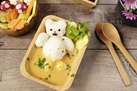 Creative idea for kids lunch or dinner. Children animal food. Bath with rice bear and cream soup. Mushrooms of radishes, shaped flowers from cucumbers and carrots. Fun and healtの写真素材