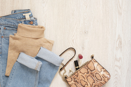 Women Clothes Collage. Fashion Blogger Resources. Shopping Concept. Fashion Set Outfits. Outfit of the day, blue jeans, nude blouse, snake bag, lipstick. Copy space.の写真素材