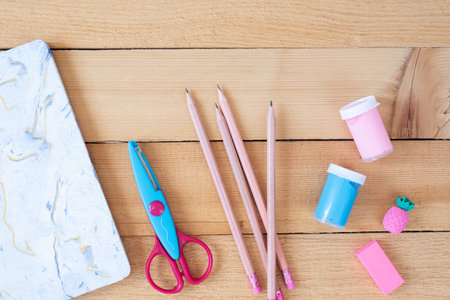 School Notebook And Various Stationery. Back To School Concept. Notebook, Scissors, Painting Paints,...