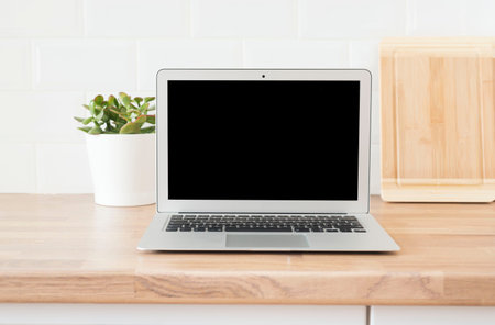 Home Office. Working From Home. Modern Computer, Laptop With Blank Screen. Bright And Clean Modern...