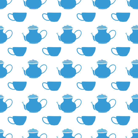 Blue cups and teapots seamless pattern print background.のイラスト素材