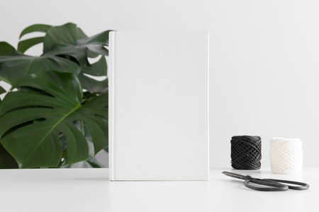 White book mockup with workspace accessories and a monstera plant.の写真素材