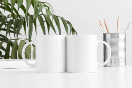 Two mugs mockup with workspace accessories on a white table and a palm plant.の写真素材