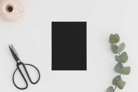 Top view of a black card mockup with branch of a eucalyptus, scissor and a twine on a white table.の写真素材