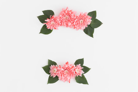 Floral wreath made of pink chrysanthemum and green leaves on a white background.