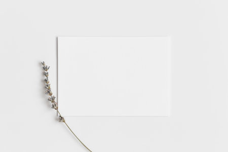 Invitation white card mockup with a lavender. 5x7 ratio, similar to A6, A5.v