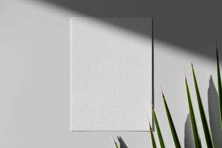 Invitation white card mockup with a palm leaf. 5x7 ratio, similar to A6, A5.
