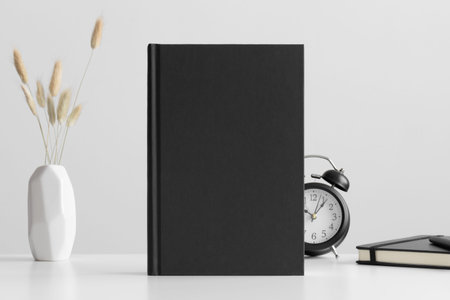 Black book mockup with a lagurus and workspace accessories on a white table.