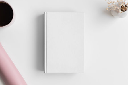 White book mockup with a lavender, coffee and workspace accessories on a white table.の写真素材