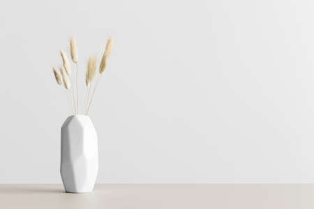 Dried lagurus in a vase on a beige table. Flat lay with blank copy space.の写真素材