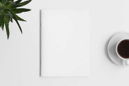 Magazine mockup with a cup of coffee and a aloe vera plant on the white table.の写真素材