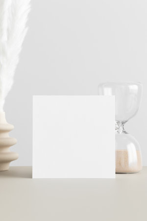 Square invitation card mockup with a pampas decoration on the beige table.の写真素材
