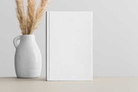 White book mockup with a pampas decoration on the beige table.の写真素材