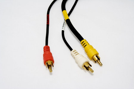 Three Video Cable ends on white background wires have labels on them