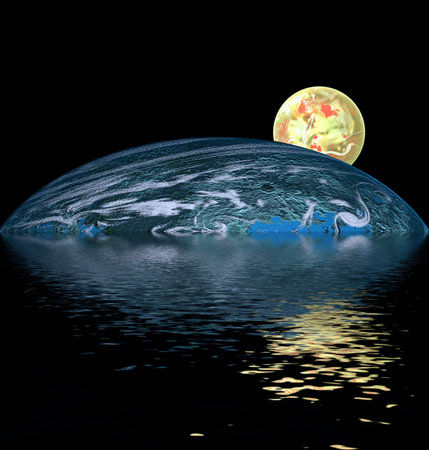 two large planets reflecting over smooth waves on water
