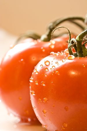fresh red ripe tomatoes with water drops shot with a macro lensの写真素材