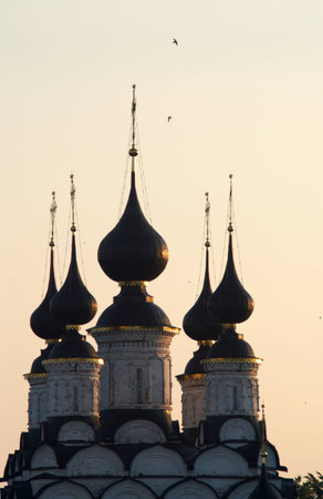  cupolas and  crosses on the Russian church in Suzdal early morninglの写真素材