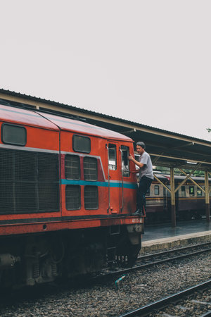 Bangkok, Thailand - SEP 14, 2019 : Staff clean the train by water every morning at Hua Lamphong