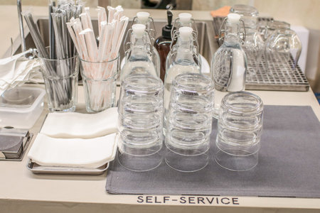 Cups for coffee free drinking water self service for customer in cafe and restaurant Syrup coffee...