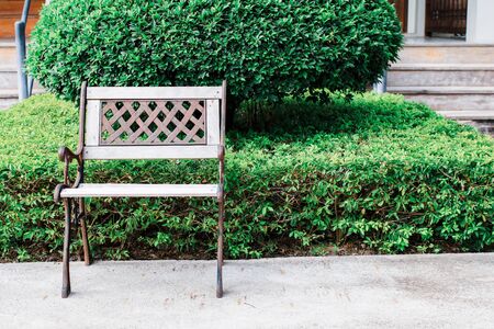 Wooden benches against the background of green grass benches are set as seating places within public parks, and vary in the number of people they can seat.の写真素材