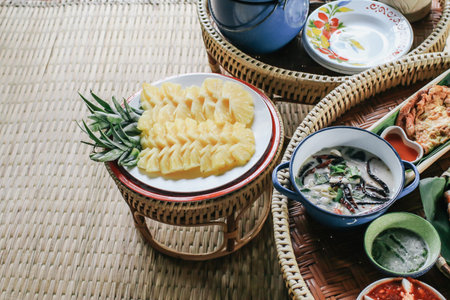 slices of pineapple on bamboo basket and burlap served on table top tropical fruit