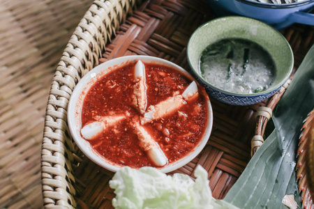 Set of local food at Na Ton Chan homestay,fried fish with tomato,corn,cucumber and boil vegetable  Si Satchanalai district, Sukhothai Province ,Thailand.on Khantoke traditionally meal set popularの写真素材