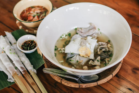 Traditional and local food KHAO PURP Thai local noodle at Ban Na Ton Chan village, Sukhothai...