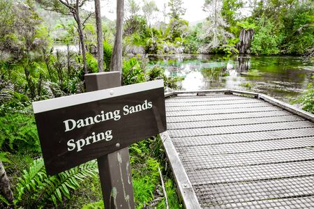 Dancing sands spring sign Te Waikoropupu Springs, Pupu Springs, Golden Bay, New Zealand: crystal clear water flows from subterranean underground spring wells to this central overflow blue lake with beautiful green landscapeの写真素材